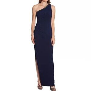 Adrianna Papell Midnight Navy One-Shoulder Jersey Gown  Size 12